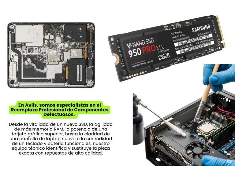 Reemplazo de componentes defectuosos (disco duro/SSD, memoria RAM, fuente de poder, tarjeta grfica, placa madre, teclado de laptop, pantalla de laptop, batera de laptop)