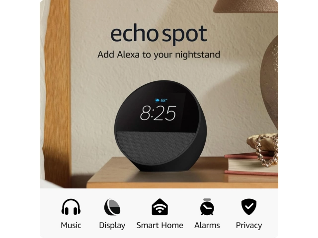 Echo Spot 2024 controlando dispositivos de hogar inteligente mediante comandos de voz con Alexa.