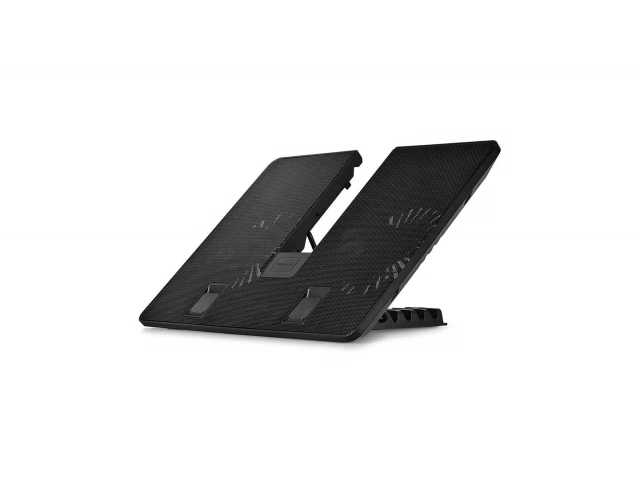 Vista lateral de la base enfriadora Deepcool U PAL, demostrando sus seis ángulos de inclinación ajustables para mayor ergonomía.