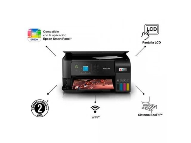Impresora Epson L3560 EcoTank siendo gestionada mediante la app Epson Smart Panel en un smartphone, junto a las botellas de tinta de alto rendimiento. Comprá en Avlis Uruguay.