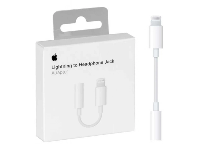 Conexión del adaptador Apple Lightning a jack 3.5mm con auriculares y un iPhone, mostrando su uso.
