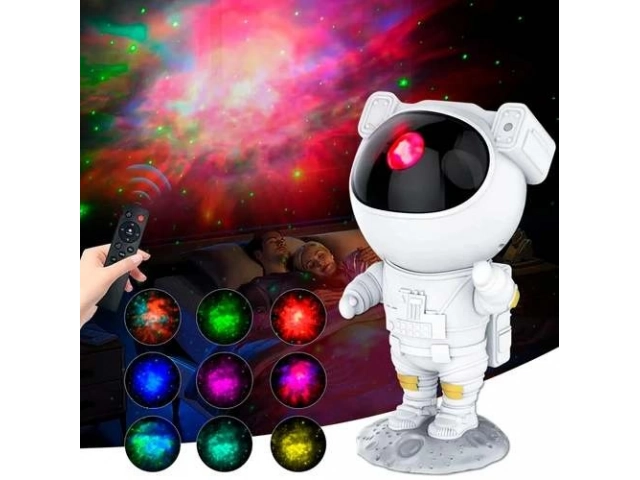Detalle del proyector astronauta mostrando su diseño y el control remoto para cambiar los efectos de galaxia y estrellas. Disponible en Avlis.