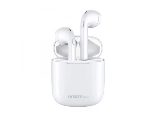 Estuche de carga abierto mostrando los auriculares Argom SkeiPods E50 blancos.%u200B