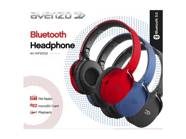 Vista frontal del auricular Avenzo AV-HP2002L en color azul, diseño moderno y elegante.