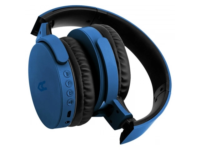 Auricular Avenzo AV-HP2002L azul completamente plegado, ideal para transporte fácil.