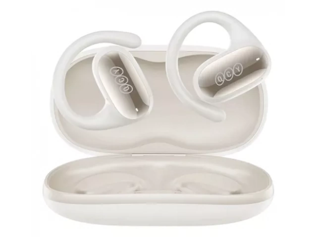 Auricular Bluetooth QCY Crossky GTR blanco con diseño deportivo y gancho ajustable, vista frontal.