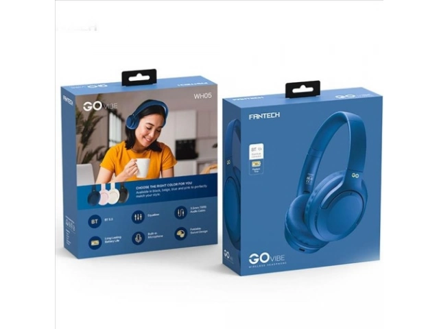 Empaque original del Fantech Go Vibe WH05 azul mostrando sus características.