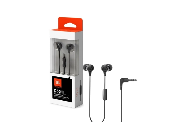 Auricular JBL C50HI Black dentro de su estuche de transporte.