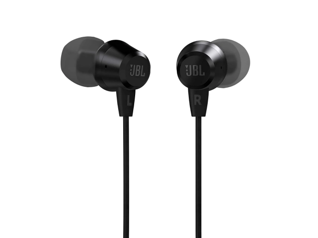 Vista frontal del auricular JBL C50HI Black, diseño elegante y compacto.