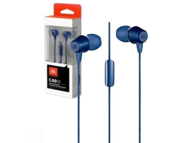 Auricular JBL C50HI Blue guardado en su estuche portátil.  