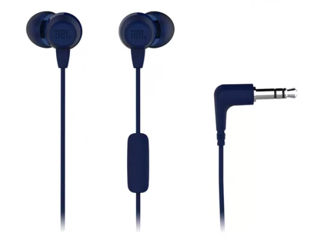 Vista frontal del auricular JBL C50HI Blue, diseño moderno en color azul.