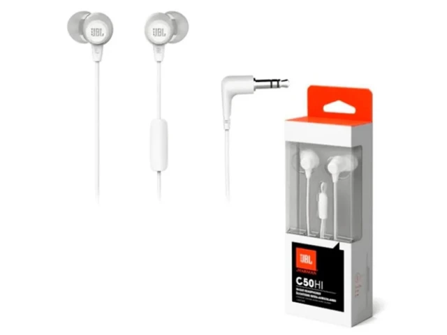 Empaque original del auricular JBL C50HI blanco.