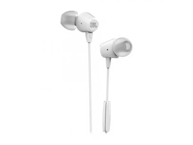 Vista frontal del auricular JBL C50HI blanco con diseño ergonómico
