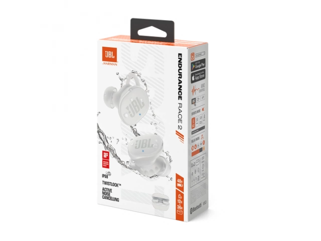 Auriculares JBL Endurance Race 2 White junto a sus accesorios incluidos: cable y manual.