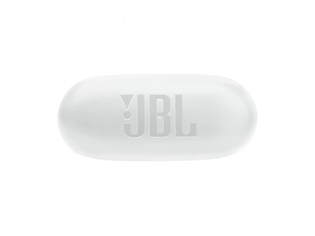 Auriculares JBL Endurance Race 2 White dentro de su estuche de carga compacto.