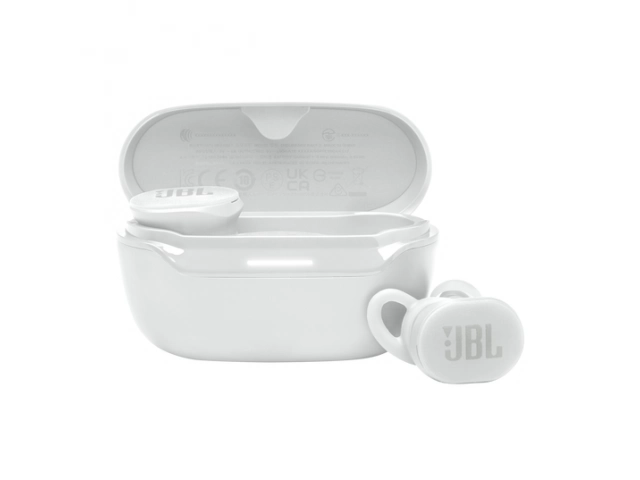 Estuche de carga abierto mostrando los auriculares JBL Endurance Race 2 blancos.