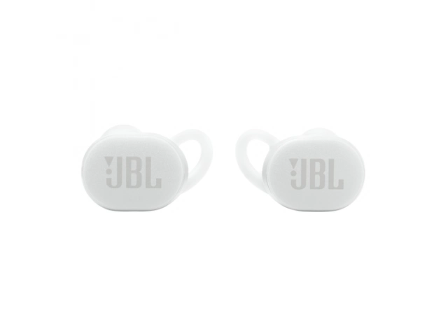 Vista trasera del JBL Endurance Race 2 blanco destacando el diseño de gancho flexible.
