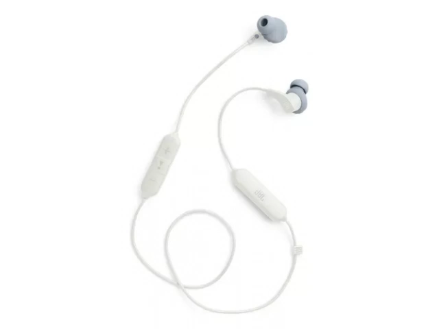 Auricular JBL Endurance Run 2 color blanco desde abajo, con detalle del jack de 3.5 mm.