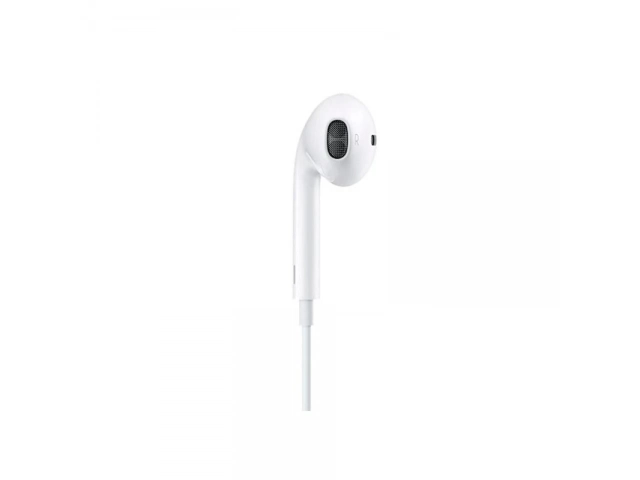 Vista frontal del auricular original iPhone 3.5mm con diseño ergonómico y acabado blanco brillante.