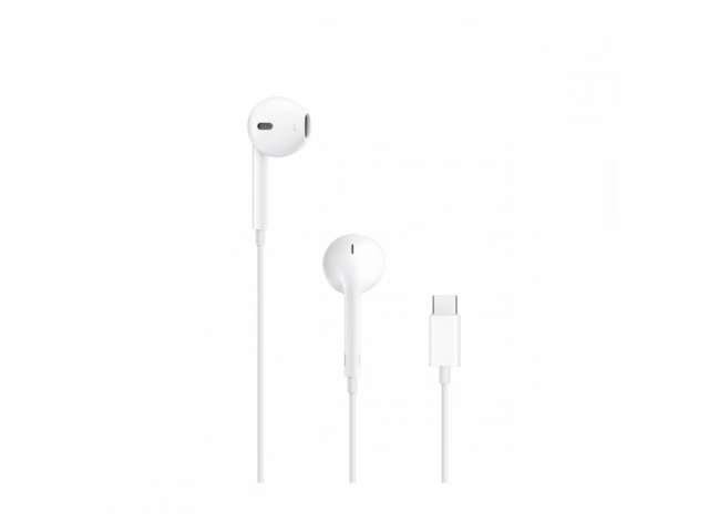 Auricular original iPhone con conector Tipo C visto de frente, diseño blanco clásico.