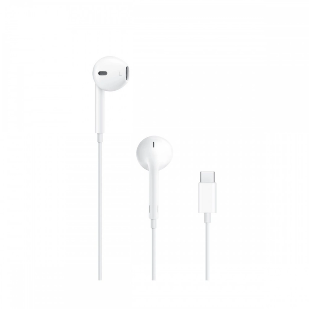 Detalle en primer plano del auricular Apple USB-C mostrando su acabado premium.