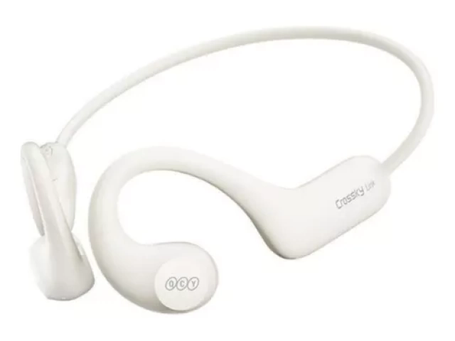 Auricular QCY Crossky Link blanco con diseño open-ear, vista frontal para resaltar su estructura ligera.