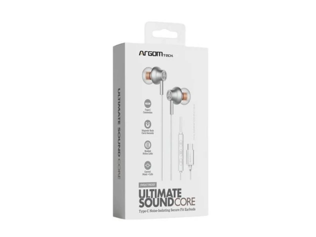 Empaque original de los auriculares Argom Sound Core con conector Tipo C.