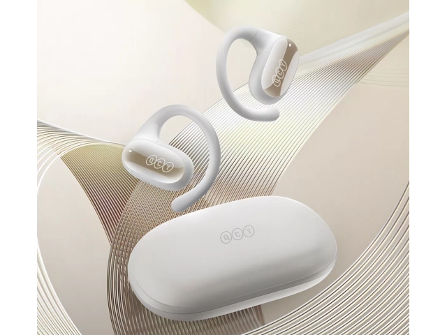 Auriculares QCY Crossky GTR blancos junto a su estuche de carga compacto y portátil