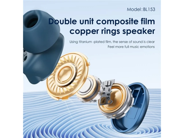 Diseño in-ear confortable y ergonómico de los auriculares TWS Foneng BL153 azules, disponibles en Avlis.