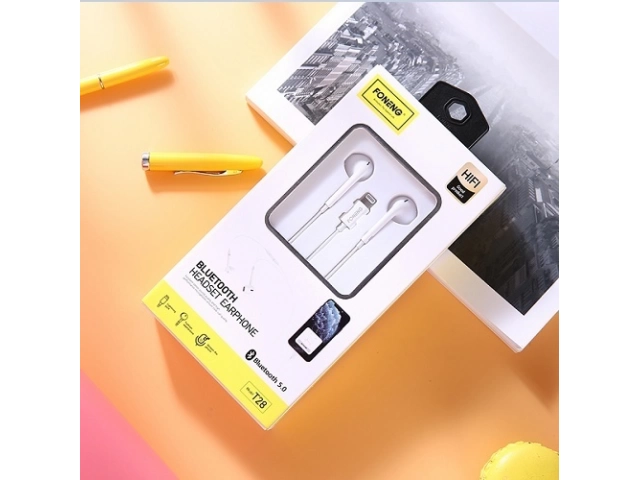 Empaque original de los Auriculares Foneng T28 Lightning con detalles técnicos visibles
