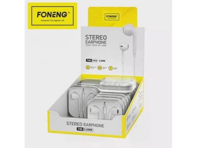 Empaque original de los Auriculares Foneng T46 Blanco mostrando detalles del producto