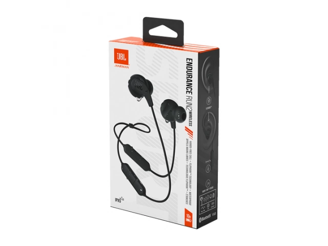 Auriculares JBL Endurance Run 2 negros mostrando sus earbuds magnéticos, control en línea con micrófono y conector 3.5mm. Avlis Uruguay.