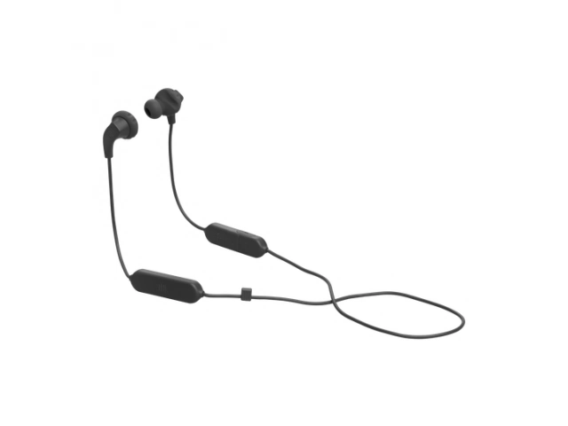 Auriculares JBL Endurance Run 2 negros mostrando sus earbuds magnéticos, control en línea con micrófono y conector 3.5mm. Avlis Uruguay.