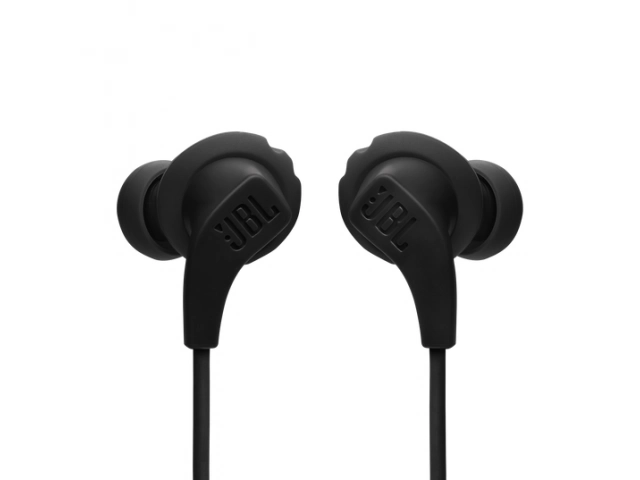 Auriculares JBL Endurance Run 2 negros mostrando sus earbuds magnéticos, control en línea con micrófono y conector 3.5mm. Avlis Uruguay.