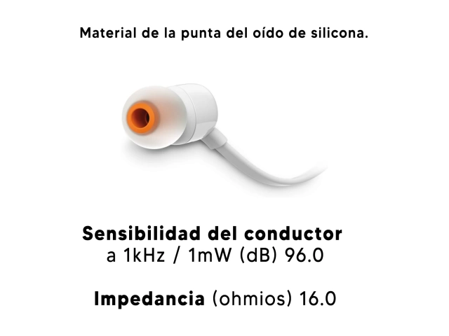 Auriculares JBL T110 White con diseño frontal compacto y ergonómico.