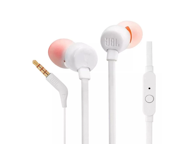 Auriculares JBL T110 White con diseño frontal compacto y ergonómico.  