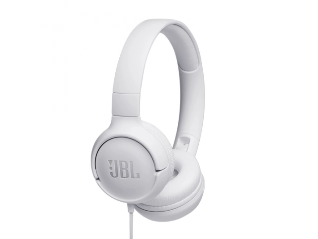 Auriculares JBL Tune 500 blancos, diseño on-ear plegable con sonido Pure Bass, disponibles en Avlis Uruguay.