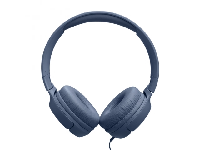 Primer plano de los auriculares JBL Tune 520BT de color azul sobre un fondo neutro, destacando su diseño.