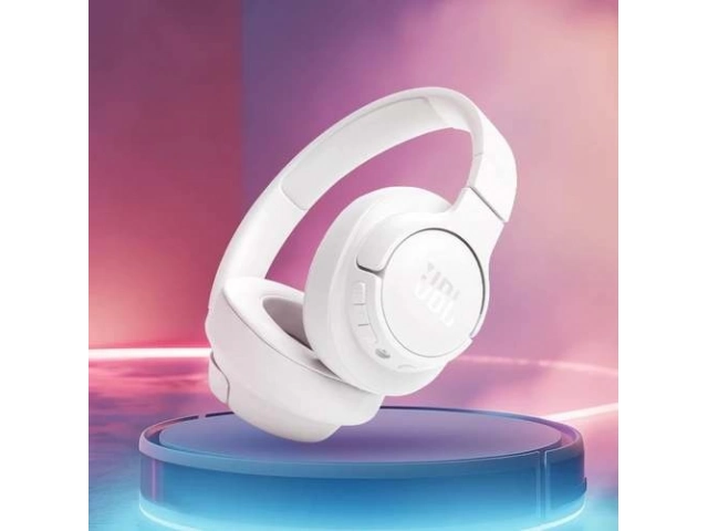 Auriculares JBL Tune 720BT blancos destacando su conexión multipunto, función VoiceAware y cable de audio desmontable. Avlis Uruguay.