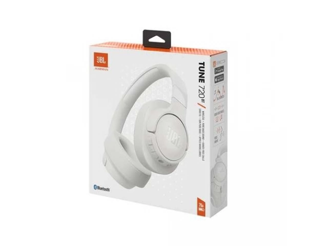 Auriculares JBL Tune 720BT blancos destacando su conexión multipunto, función VoiceAware y cable de audio desmontable. Avlis Uruguay.