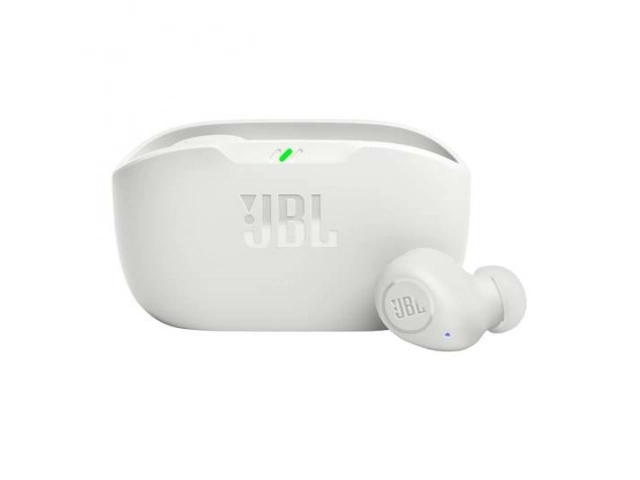 Auriculares inalámbricos JBL Wave Buds Blancos con estuche de carga, Sonido JBL Deep Bass, disponibles en Avlis Uruguay.