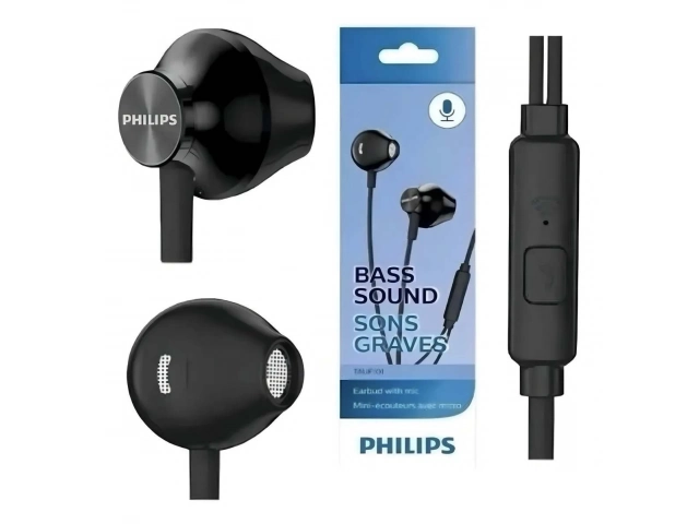Auriculares Philips TAUE101BK/00 in-ear en color Negro, con micrófono y botón de control en el cable. Sonido claro y bajos potentes. Avlis Uruguay.