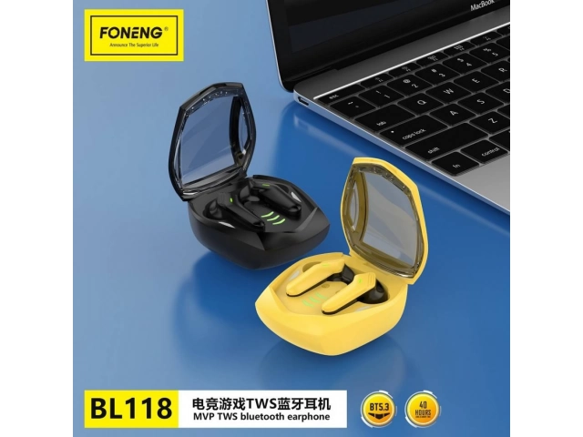 Auriculares Foneng BL118 amarillos True Wireless Stereo ofreciendo sonido claro y nítido para música y podcasts. Disponibles en Avlis Uruguay.