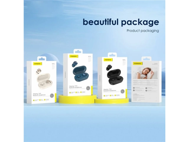 Auriculares Foneng BL153 TWS azules destacando su batería de larga duración con estuche de carga portátil, en Avlis Maldonado.
