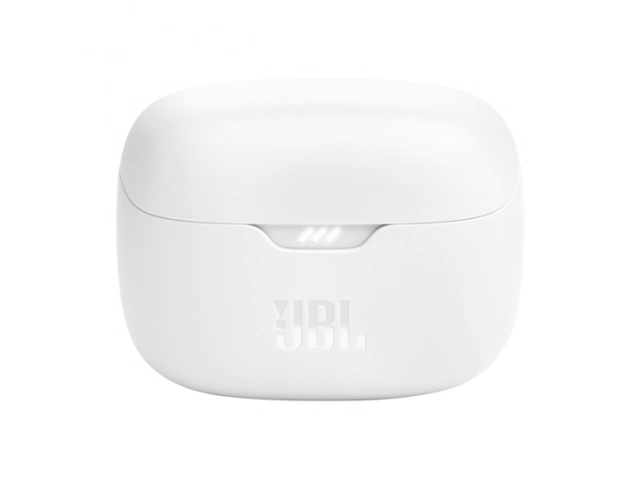 JBL Tune Buds blancos TWS destacando su batería de hasta 48 horas y compatibilidad con JBL Headphones App, en Avlis Maldonado.