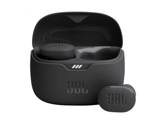 JBL Tune Buds negros TWS destacando su batería de hasta 48 horas y compatibilidad con JBL Headphones App, en Avlis Maldonado. 
