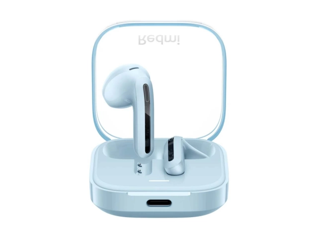 Auriculares inalámbricos Xiaomi Redmi Buds 6 Active azules con estuche de carga, diseño deportivo, disponibles en Avlis Uruguay.