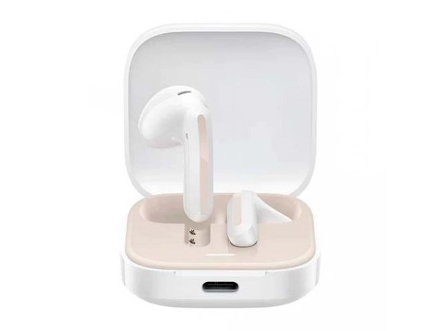 Auriculares inalámbricos Xiaomi Redmi Buds 6 Active blancos con estuche de carga, diseño deportivo y elegante, disponibles en Avlis Uruguay.