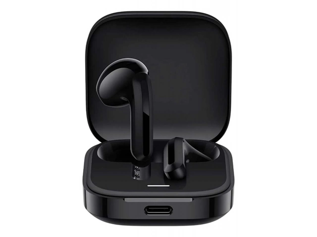 Auriculares inalámbricos Xiaomi Redmi Buds 6 Active negros con estuche de carga, diseño deportivo, disponibles en Avlis Uruguay.