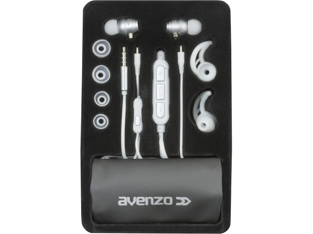 Accesorios incluidos con los auriculares Avenzo AV639 blancos: almohadillas, cable USB y bolsa de transporte.